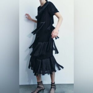 NEW ZARA  Black Fringe Midi Dress